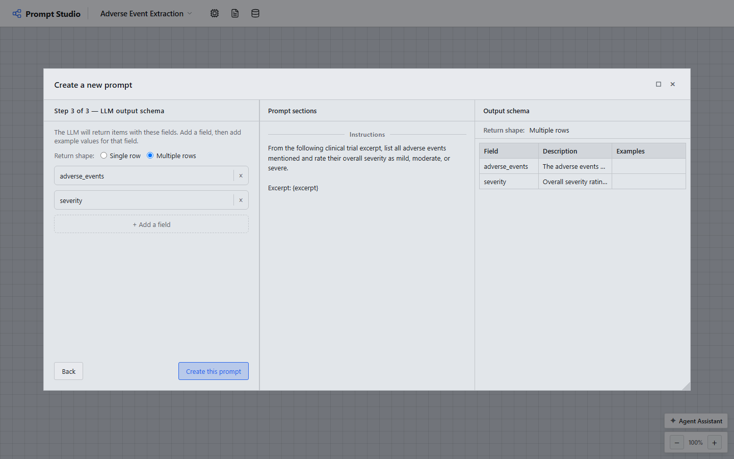 Step 3 of the prompt editor: the output schema on the right, a live preview of the assembled prompt in the middle, showing the {excerpt} placeholder.