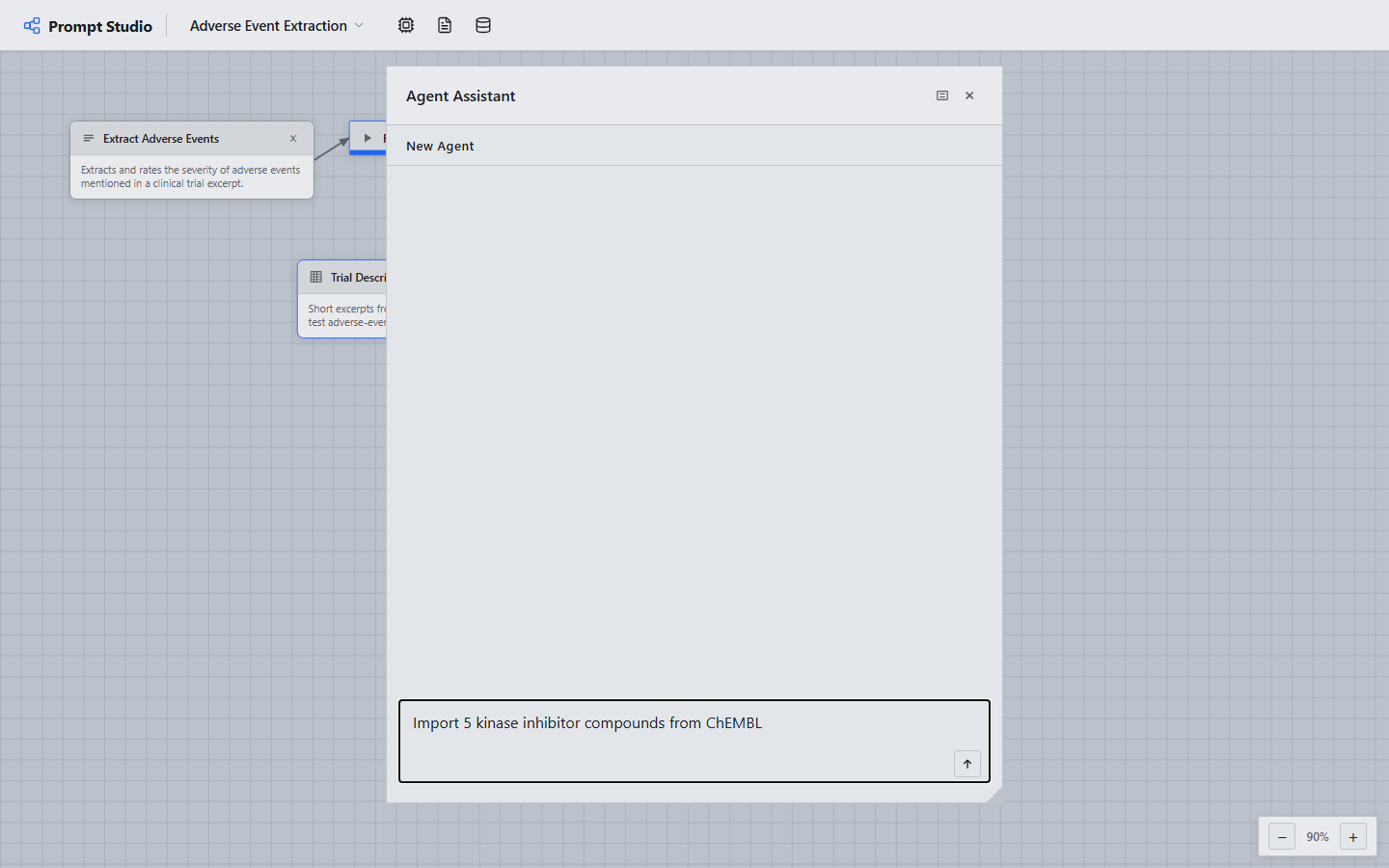 Asking the Agent Assistant to import a dataset in plain language.