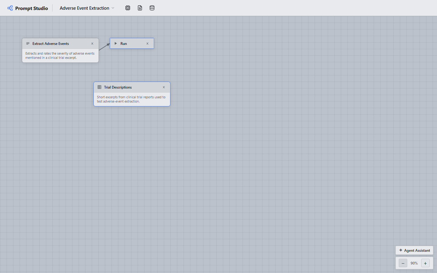 A prompt node connected to a Run node. The dataset isn't wired in with a drawn line; that happens inside the Run node itself, next.