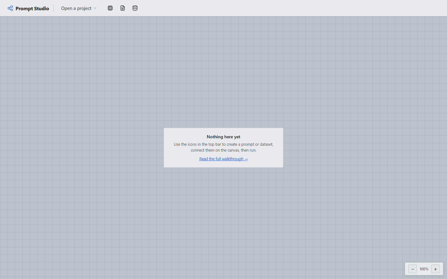 A new, empty project. The three icons in the top bar create everything you need: LLM settings, a prompt, or a dataset.