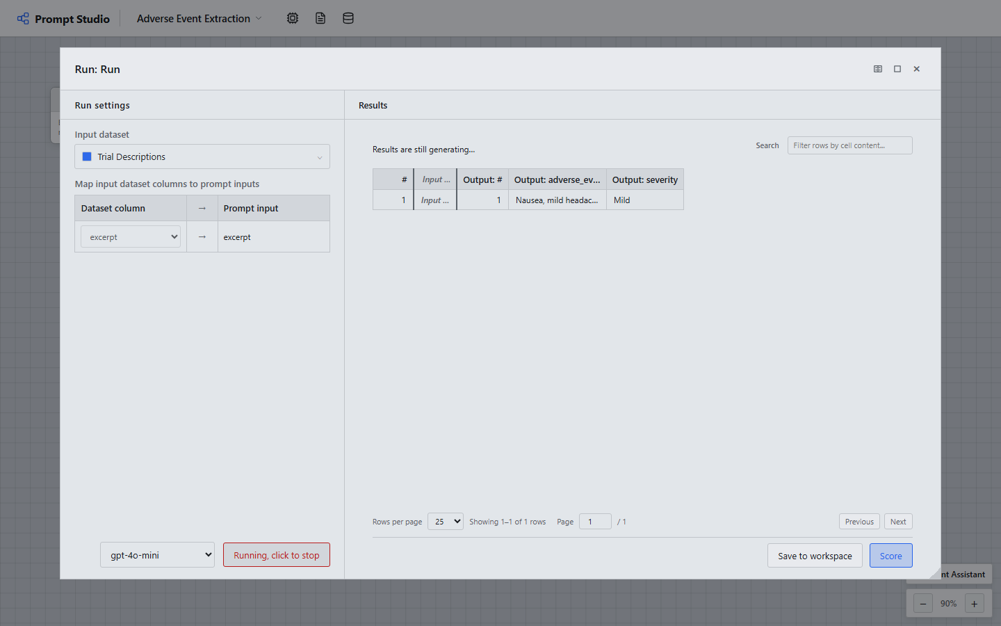 A run in progress: completed rows appear in the results table as they finish.